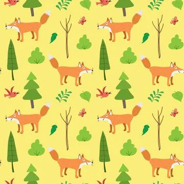 Cute Fox Seamless pattern. Cartoon Animals in forest background. Vector illus Stock Illustration