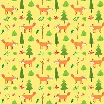 Cute Fox Seamless pattern. Cartoon Animals in forest background. Vector illus Illustrazione stock