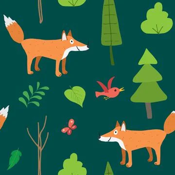 Cute Fox Seamless pattern. Cartoon Animals in forest background. Vector illus Illustrazione stock