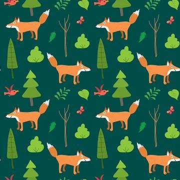 Cute Fox Seamless pattern. Cartoon Animals in forest background. Vector illus Illustrazione stock