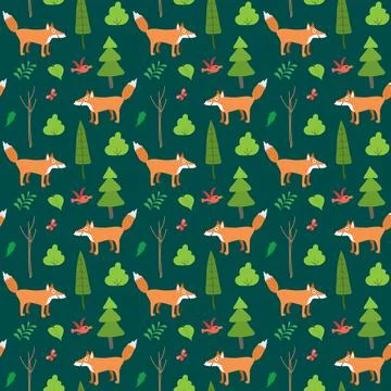 Cute Fox Seamless pattern. Cartoon Animals in forest background. Vector illus Stock Illustration
