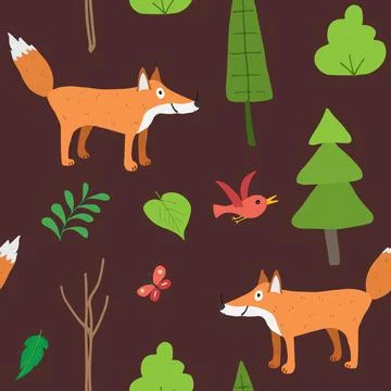 Cute Fox Seamless pattern. Cartoon Animals in forest background. Vector illus Stock Illustration