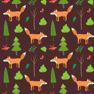 Cute Fox Seamless pattern. Cartoon Animals in forest background. Vector illus Illustrazione stock