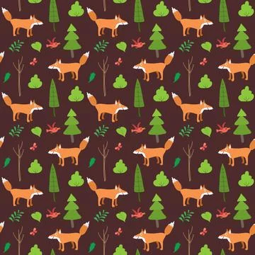 Cute Fox Seamless pattern. Cartoon Animals in forest background. Vector illus Stock Illustration