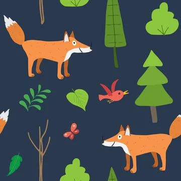 Cute Fox Seamless pattern. Cartoon Animals in forest background. Vector illus Illustrazione stock