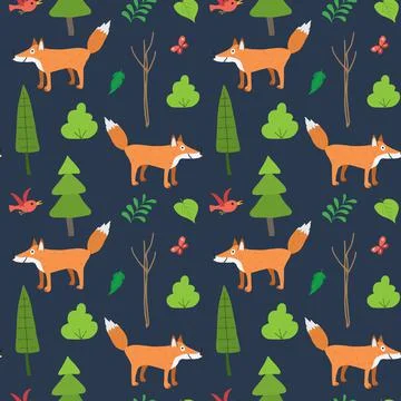 Cute Fox Seamless pattern. Cartoon Animals in forest background. Vector illus Stock Illustration