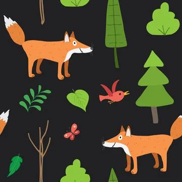 Cute Fox Seamless pattern. Cartoon Animals in forest background. Vector illus Illustrazione stock