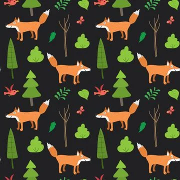 Cute Fox Seamless pattern. Cartoon Animals in forest background. Vector illus Illustrazione stock