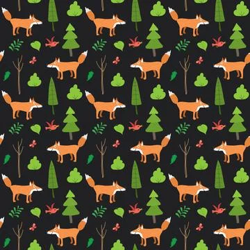 Cute Fox Seamless pattern. Cartoon Animals in forest background. Vector illus Illustrazione stock