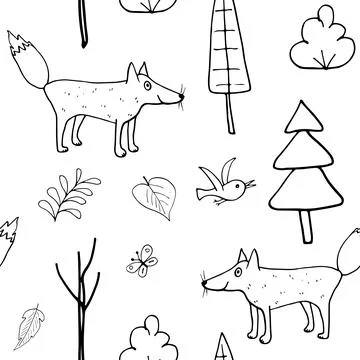 Cute Fox Seamless pattern. Cartoon Animals in forest background. Vector illus Illustrazione stock
