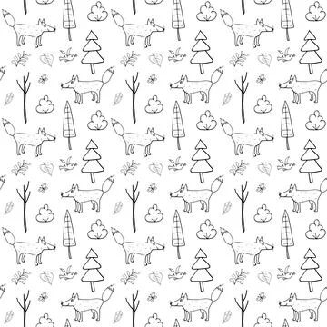 Cute Fox Seamless pattern. Cartoon Animals in forest background. Vector illus Stock Illustration