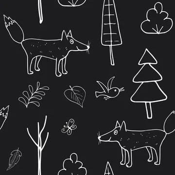 Cute Fox Seamless pattern. Cartoon Animals in forest background. Vector illus Stock Illustration