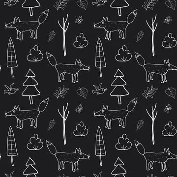 Cute Fox Seamless pattern. Cartoon Animals in forest background. Vector illus Illustrazione stock