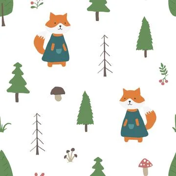 Cute Fox Seamless pattern. Cartoon Animals in forest background. Vector illus Stock Illustration