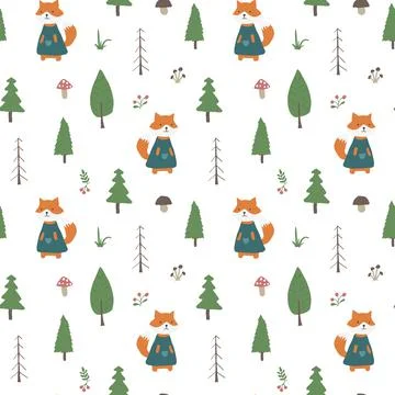 Cute Fox Seamless pattern. Cartoon Animals in forest background. Vector illus Stock Illustration