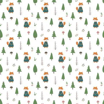 Cute Fox Seamless pattern. Cartoon Animals in forest background. Vector illus Stock Illustration