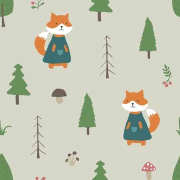 Cute Fox Seamless pattern. Cartoon Animals in forest background. Vector illus Stock Illustration