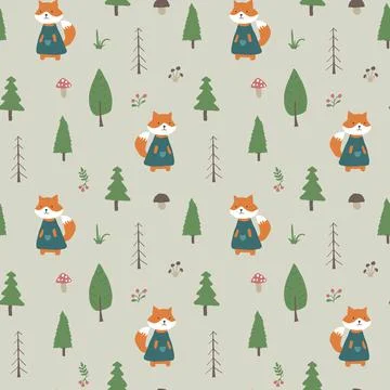 Cute Fox Seamless pattern. Cartoon Animals in forest background. Vector illus Stock Illustration