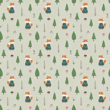 Cute Fox Seamless pattern. Cartoon Animals in forest background. Vector illus Stock Illustration