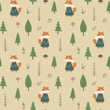 Cute Fox Seamless pattern. Cartoon Animals in forest background. Vector illus Illustrazione stock