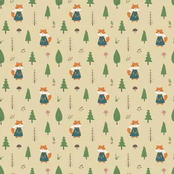 Cute Fox Seamless pattern. Cartoon Animals in forest background. Vector illus Stock Illustration