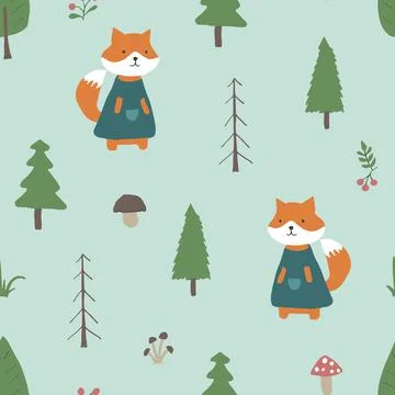 Cute Fox Seamless pattern. Cartoon Animals in forest background. Vector illus Stock Illustration