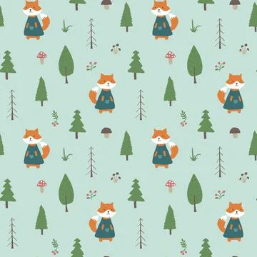 Cute Fox Seamless pattern. Cartoon Animals in forest background. Vector illus Stock Illustration