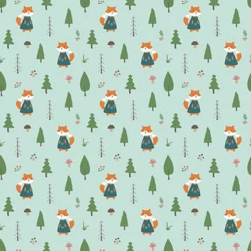 Cute Fox Seamless pattern. Cartoon Animals in forest background. Vector illus Stock Illustration