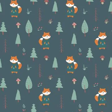 Cute Fox Seamless pattern. Cartoon Animals in forest background. Vector illus Stock Illustration