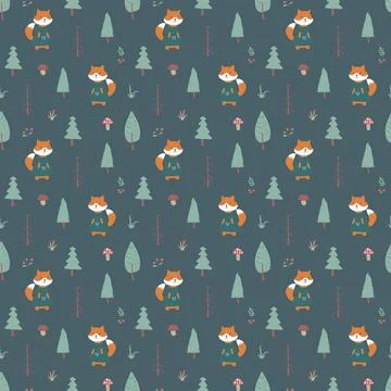 Cute Fox Seamless pattern. Cartoon Animals in forest background. Vector illus Stock Illustration