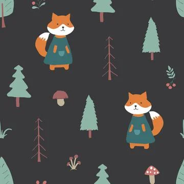 Cute Fox Seamless pattern. Cartoon Animals in forest background. Vector illus Stock Illustration