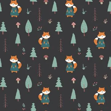 Cute Fox Seamless pattern. Cartoon Animals in forest background. Vector illus Stock Illustration