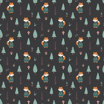 Cute Fox Seamless pattern. Cartoon Animals in forest background. Vector illus Stock Illustration
