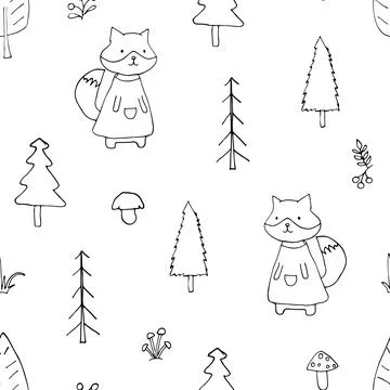 Cute Fox Seamless pattern. Cartoon Animals in forest background. Vector illus Stock Illustration