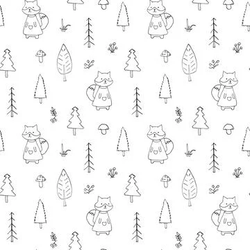 Cute Fox Seamless pattern. Cartoon Animals in forest background. Vector illus Stock Illustration