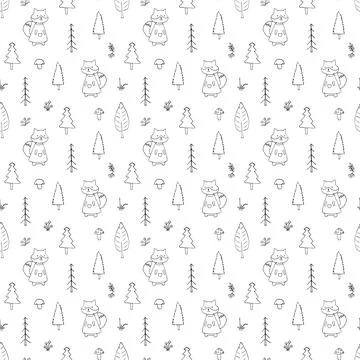 Cute Fox Seamless pattern. Cartoon Animals in forest background. Vector illus Stock Illustration
