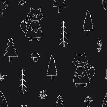 Cute Fox Seamless pattern. Cartoon Animals in forest background. Vector illus Stock Illustration