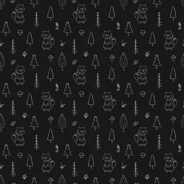 Cute Fox Seamless pattern. Cartoon Animals in forest background. Vector illus Stock Illustration