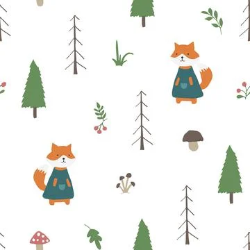 Cute Fox Seamless pattern. Cartoon Animals in forest background. Vector illus Stock Illustration
