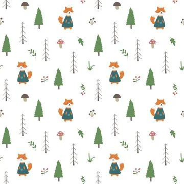 Cute Fox Seamless pattern. Cartoon Animals in forest background. Vector illus Stock Illustration
