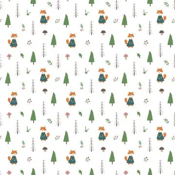 Cute Fox Seamless pattern. Cartoon Animals in forest background. Vector illus Stock Illustration