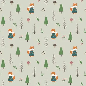 Cute Fox Seamless pattern. Cartoon Animals in forest background. Vector illus Stock Illustration