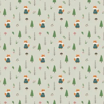 Cute Fox Seamless pattern. Cartoon Animals in forest background. Vector illus Illustrazione stock
