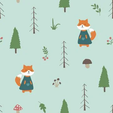 Cute Fox Seamless pattern. Cartoon Animals in forest background. Vector illus Stock Illustration