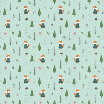 Cute Fox Seamless pattern. Cartoon Animals in forest background. Vector illus Stock Illustration
