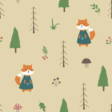 Cute Fox Seamless pattern. Cartoon Animals in forest background. Vector illus Stock Illustration