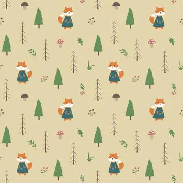 Cute Fox Seamless pattern. Cartoon Animals in forest background. Vector illus Stock Illustration