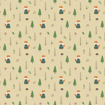 Cute Fox Seamless pattern. Cartoon Animals in forest background. Vector illus Stock Illustration