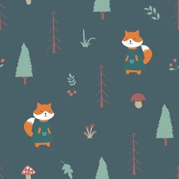 Cute Fox Seamless pattern. Cartoon Animals in forest background. Vector illus Stock Illustration
