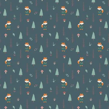 Cute Fox Seamless pattern. Cartoon Animals in forest background. Vector illus Stock Illustration